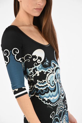 Printed 3/4 Sleeve Stretchy Bodycon Dress
