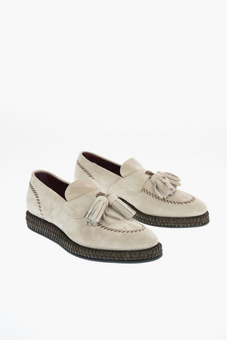 Suede and Kangaroo Leather Tassle Loafers with Straw Trimmings