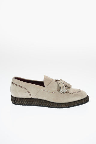 Suede and Kangaroo Leather Tassle Loafers with Straw Trimmings