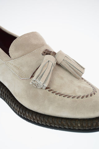 Suede and Kangaroo Leather Tassle Loafers with Straw Trimmings