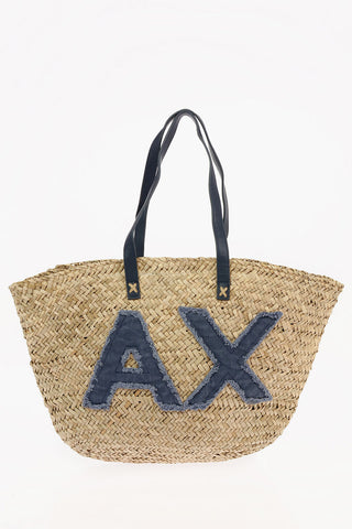 ARMANI EXCHANGE Braided Straw Shopper Bag with Denim Logo