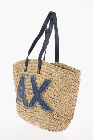 ARMANI EXCHANGE Braided Straw Shopper Bag with Denim Logo