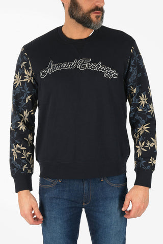 ARMANI EXCHANGE Crew-Neck Sweatshirt with Leaf-Print Sleeve