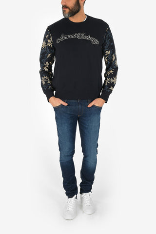 ARMANI EXCHANGE Crew-Neck Sweatshirt with Leaf-Print Sleeve