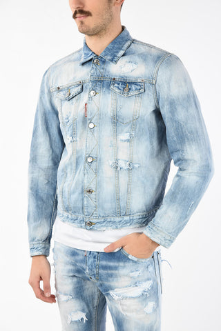 Vintage Effect Denim Jacket with Back Rainbow Embroidery