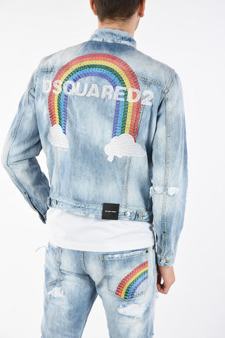 Vintage Effect Denim Jacket with Back Rainbow Embroidery