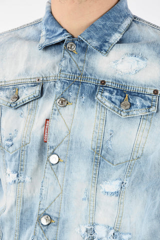 Vintage Effect Denim Jacket with Back Rainbow Embroidery