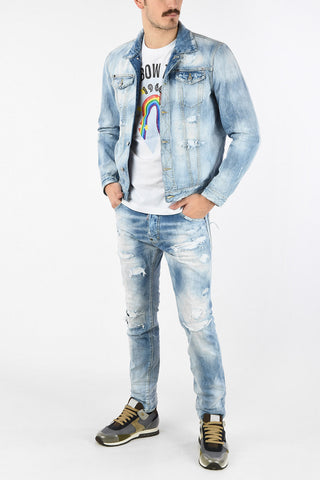 Vintage Effect Denim Jacket with Back Rainbow Embroidery