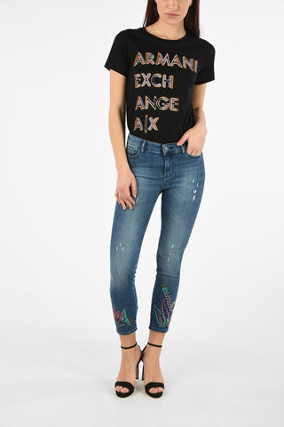 ARMANI EXCHANGE Cropped J10 Skinny Fit Jeans With Floral-Embroidery Ankle