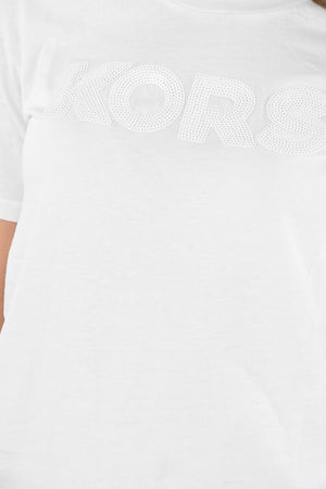 T-Shirt Girocollo in Cotone con Scritta in Paillettes