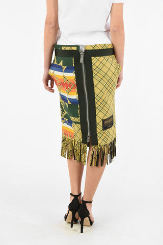 Gonna in Cotone Stampato con Frange e Chiusura Zip 