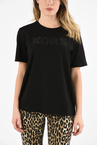 Cotton Crew-Neck T-Shirt with Sequined Written 