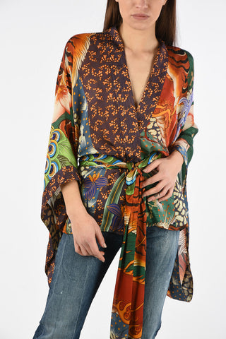 Angel Sleeve Floral-Print Silk Kimono with Belt