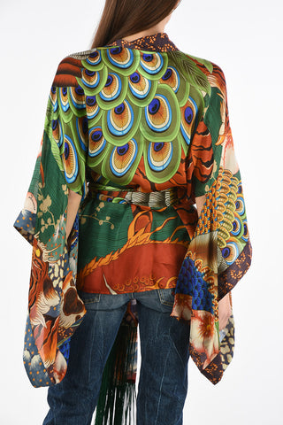 Angel Sleeve Floral-Print Silk Kimono with Belt