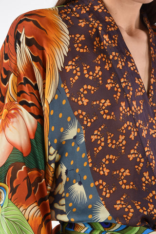 Angel Sleeve Floral-Print Silk Kimono with Belt