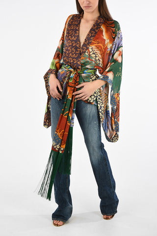 Angel Sleeve Floral-Print Silk Kimono with Belt