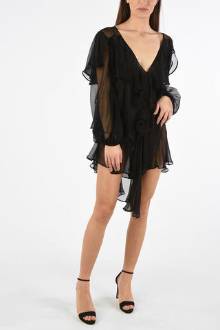Asymmetric Sheer Ruffled Silk Mini Dress with Plunging Neckline