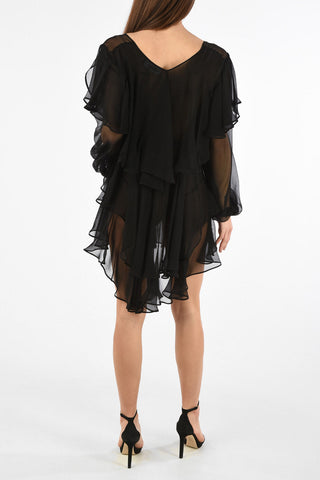 Asymmetric Sheer Ruffled Silk Mini Dress with Plunging Neckline