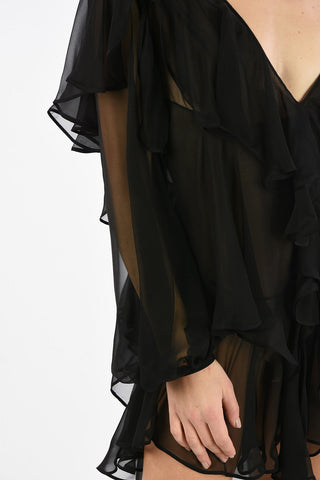 Asymmetric Sheer Ruffled Silk Mini Dress with Plunging Neckline
