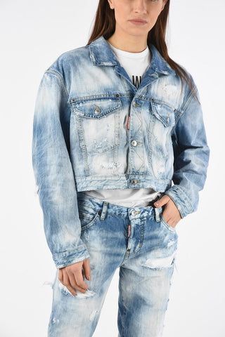 Vintage Effect Crop MAXI Denim Jacket with Back Rainbow Embroidery