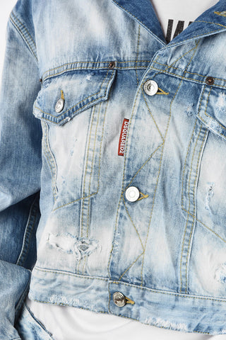 Vintage Effect Crop MAXI Denim Jacket with Back Rainbow Embroidery