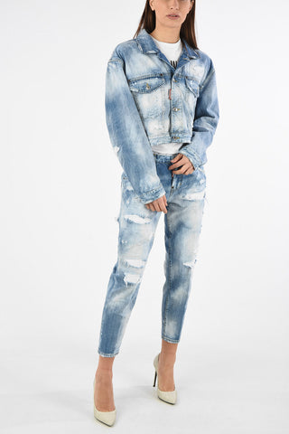 Vintage Effect Crop MAXI Denim Jacket with Back Rainbow Embroidery