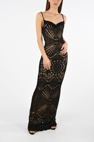 Spaghetti Strap Crochet Maxi Bodycon Dress with Petticoat 
