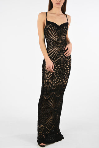Spaghetti Strap Crochet Maxi Bodycon Dress with Petticoat 