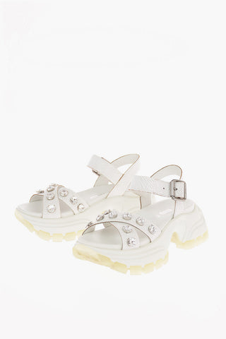 Cracked Leather Track Sandals with Jewel Applications