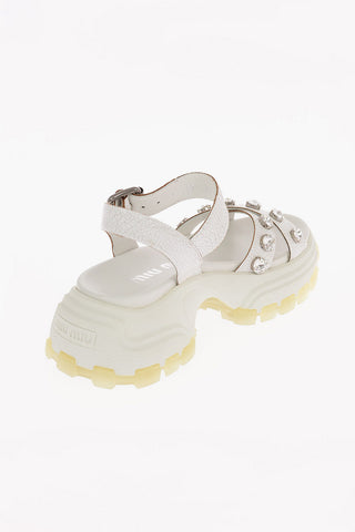 Cracked Leather Track Sandals with Jewel Applications