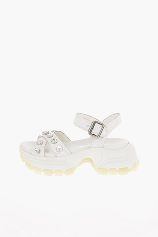 Cracked Leather Track Sandals with Jewel Applications
