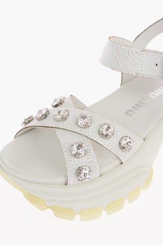 Cracked Leather Track Sandals with Jewel Applications