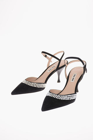 Suede Ankle Strap Pumps with Jewel Applications 8 cm