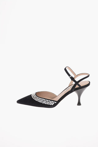 Suede Ankle Strap Pumps with Jewel Applications 8 cm