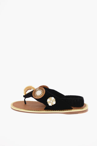 Velvet Thong Sandals with Jewel Applications