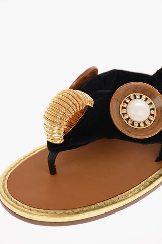 Velvet Thong Sandals with Jewel Applications