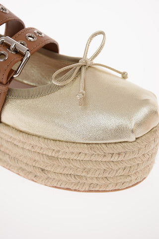 Metallic Leather Lace Up Ballet Flats with Platform 4.5cm