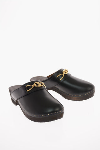 Leather Clogs with Logoed Chain