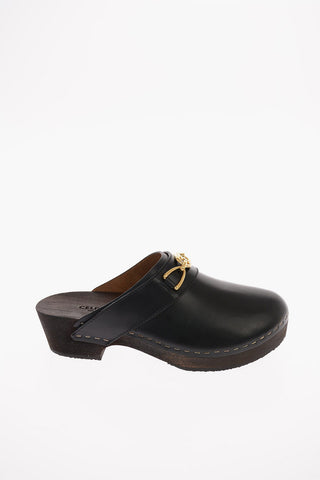 Leather Clogs with Logoed Chain
