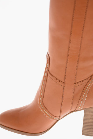 Leather Pull On Knee High Boots 8cm