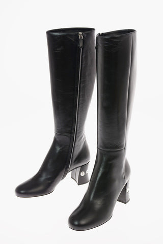 Leather Knee Length Boots with Jewel Heel 7 Cm