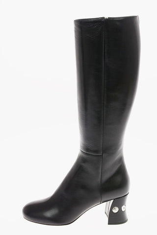 Leather Knee Length Boots with Jewel Heel 7 Cm
