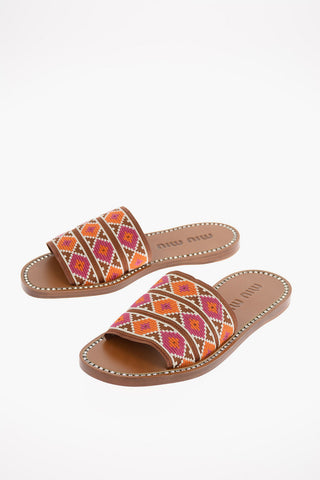 Leather and Embroidered Canvas Slides with Jewel Trimmings