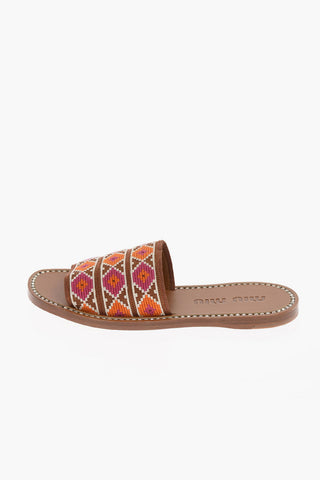 Leather and Embroidered Canvas Slides with Jewel Trimmings