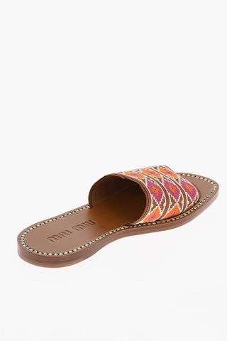 Leather and Embroidered Canvas Slides with Jewel Trimmings