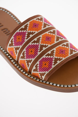 Leather and Embroidered Canvas Slides with Jewel Trimmings