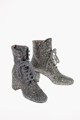 Glittered Leather Lace Up Ankle Boots with Zip Closure 7 Cm