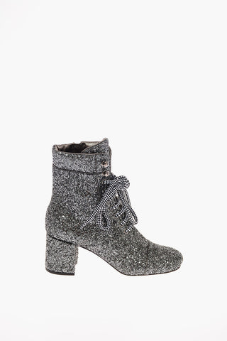 Glittered Leather Lace Up Ankle Boots with Zip Closure 7 Cm