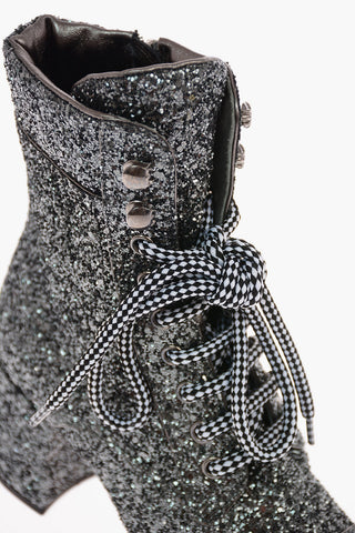 Glittered Leather Lace Up Ankle Boots with Zip Closure 7 Cm