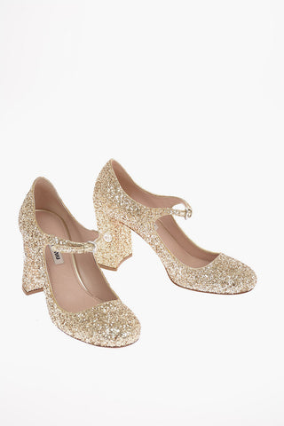 Glittered Leather Pumps with Ankle Strap and Jewel Heel 9 Cm
